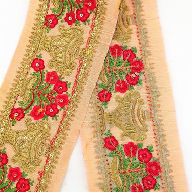 Peach Silk Trim With Floral Embroidery in Red, Green & Antique Gold, Indian Sari Border Trim By Yard Decorative Trim Craft Lace